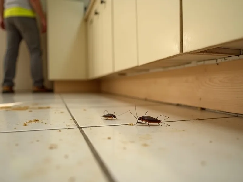 Cockroach activity near a kitchen kickboard gap before treatment