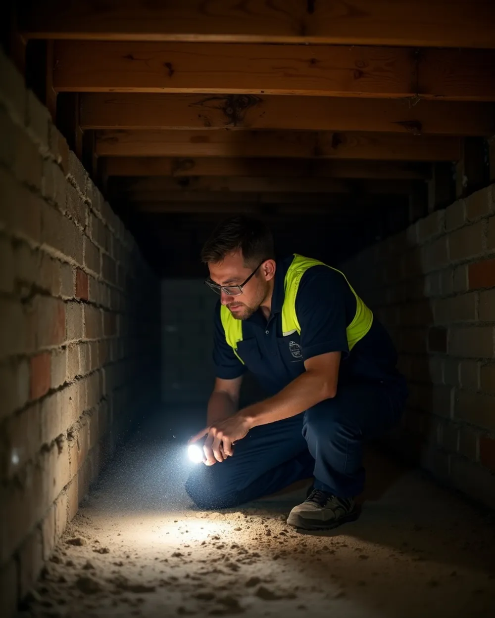 Pestline technician inspecting a sub-floor with a torch on the Gold Coast